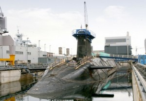 HMS Vengeance at Devonport dockyard in Plymouth during a refit